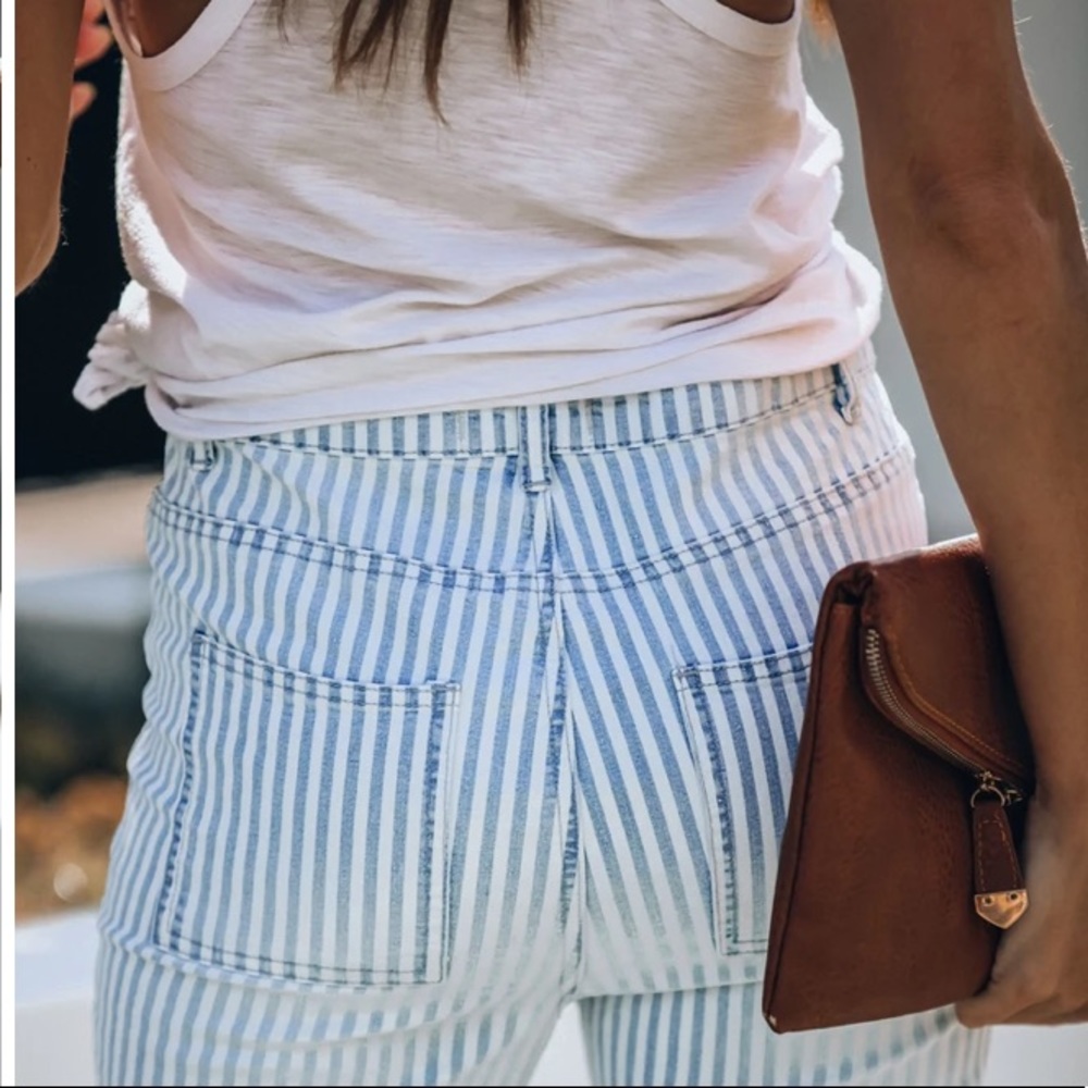 POCKETED STRIPED BELL BOTTOM DENIM PANTS - MEDIUM - Picture 9 of 11